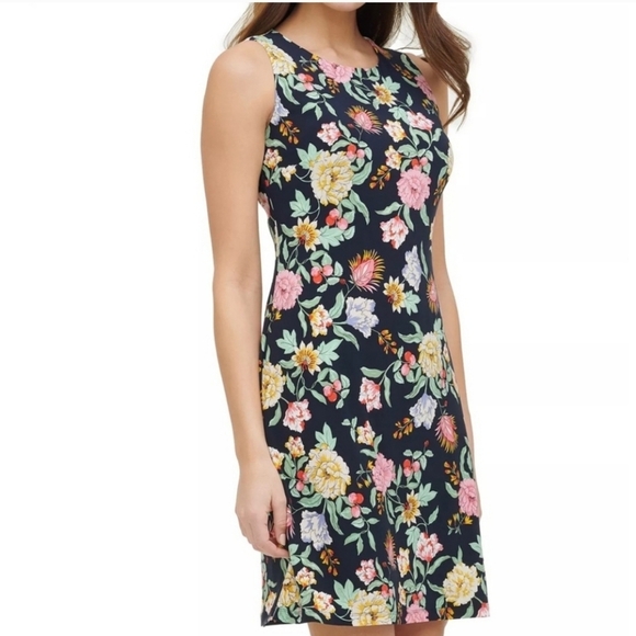 TOMMY HILFIGER Sz 2 Blue Floral Round Neck Sleeveless Sheath A line Dress - Picture 3 of 13